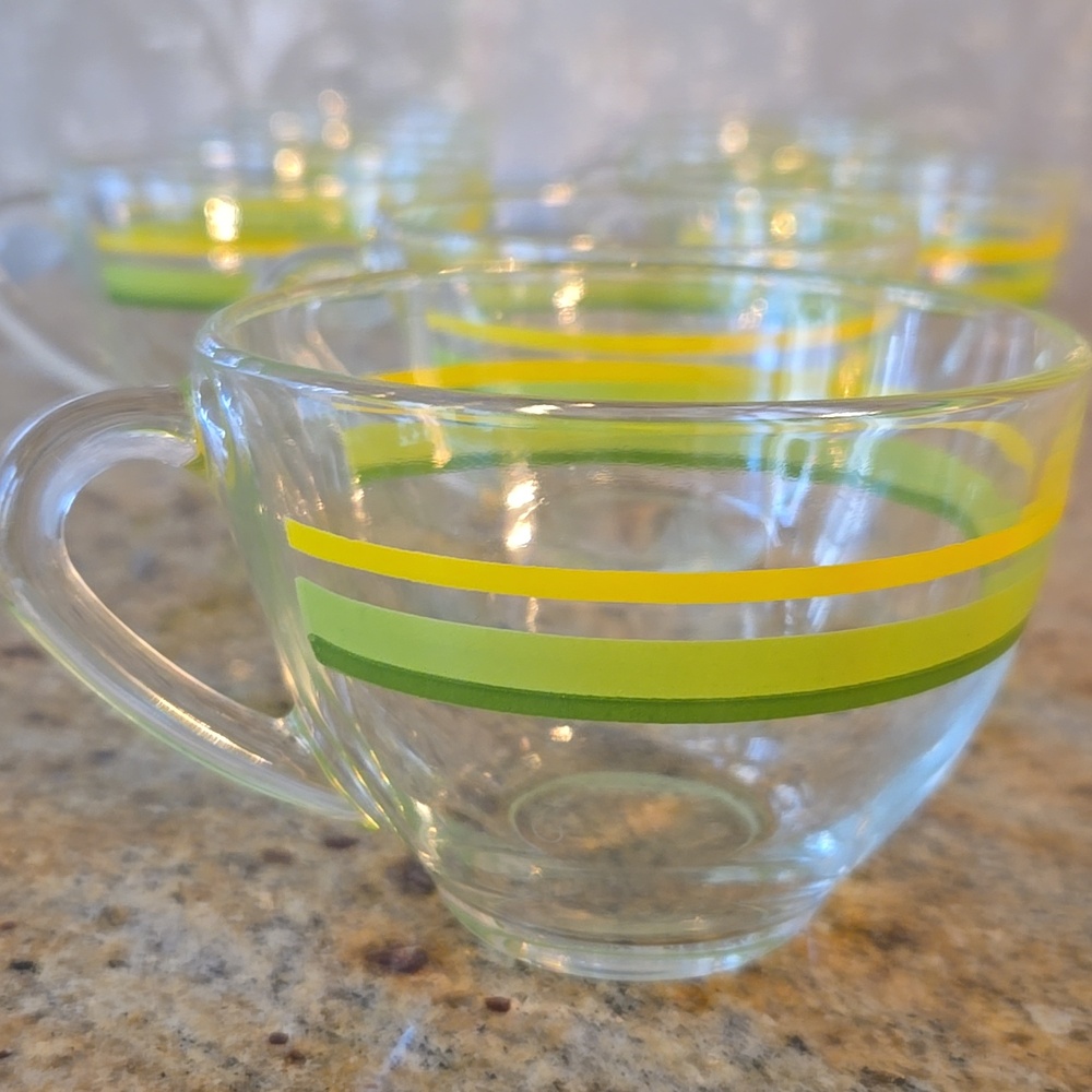 Set of 8 Vintage Arcoroc France Clear Glass Cups with Yellow and Green Stripes